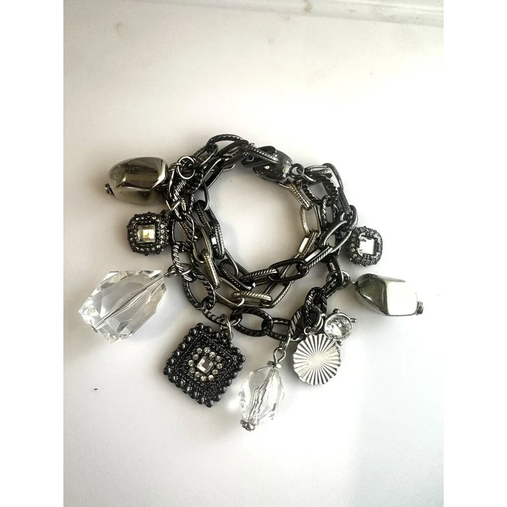 Gunmetal Multi Strand Charm Bracelet Crystal Rhinestone Chunky Statement 7